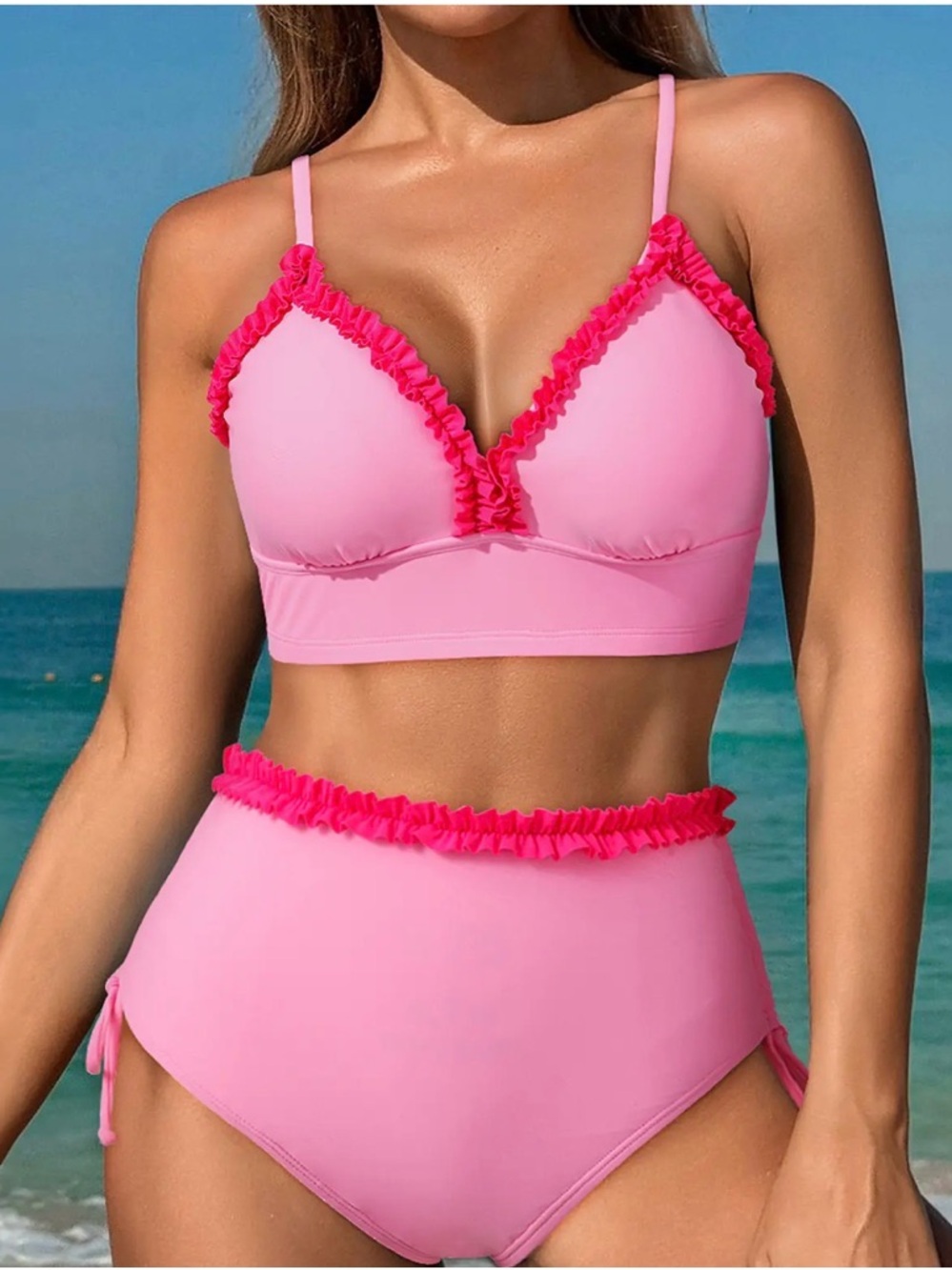 PLUS SIZE NWOT Pink Ruffle High-Waist Bikini Set